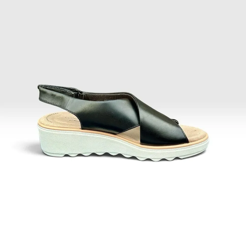 Clarks Collection Womens 7M Black Leather Wedge Sandals Ultimate Comfort